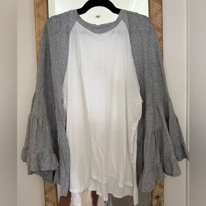 Free People Gray and White Long Sleeve Shirt with Flare Sleeves